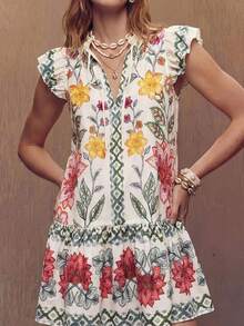 Fembélia Vestido corto con volantes en el bajo, estampado floral, primavera/verano 2026. Vestido holgado de línea A, cuello en V, manga corta - Multicolor - Ver 3