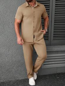 Manfinity CasualCool Bộ đồ nam thường ngày, áo sơ mi ngắn tay màu trơn và quần dài. - màu nâu - Xem 3