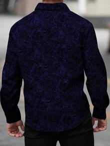 Manfinity Roughcore Plus Size Men's Casual Cashew Print Button-Down Long Sleeve Shirt - Navy Blue - View 2