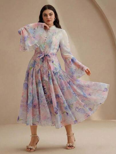 Anewsta Elegante damesbadjas met losse pasvorm, uitlopende mouwen, taille en print, geschikt voor festivals en feesten, casual kaftan-jurk, ook verkrijgbaar in grote maten.
