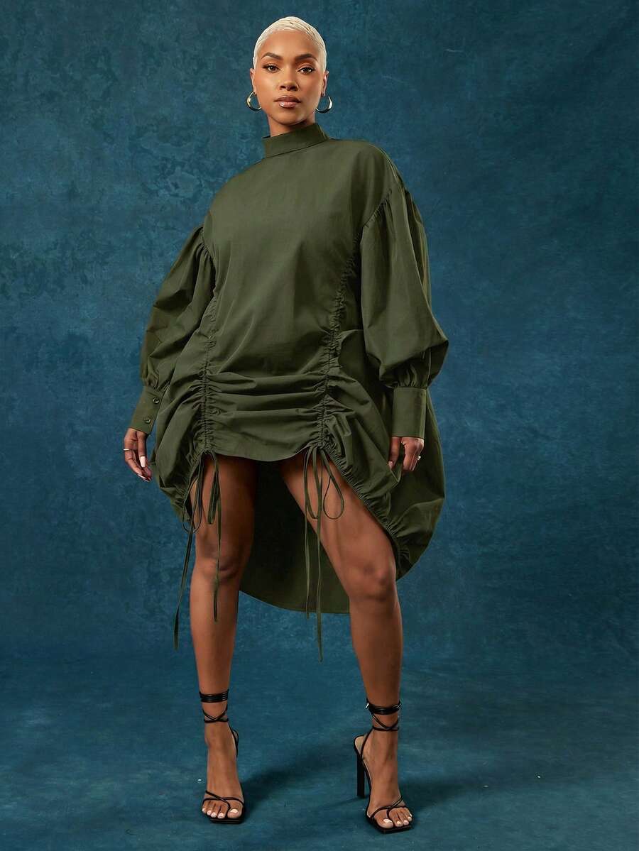 Vixey Drawstring Mock Neck Adjustable Drawstring Long Sleeve Dress - Army Green - View 1