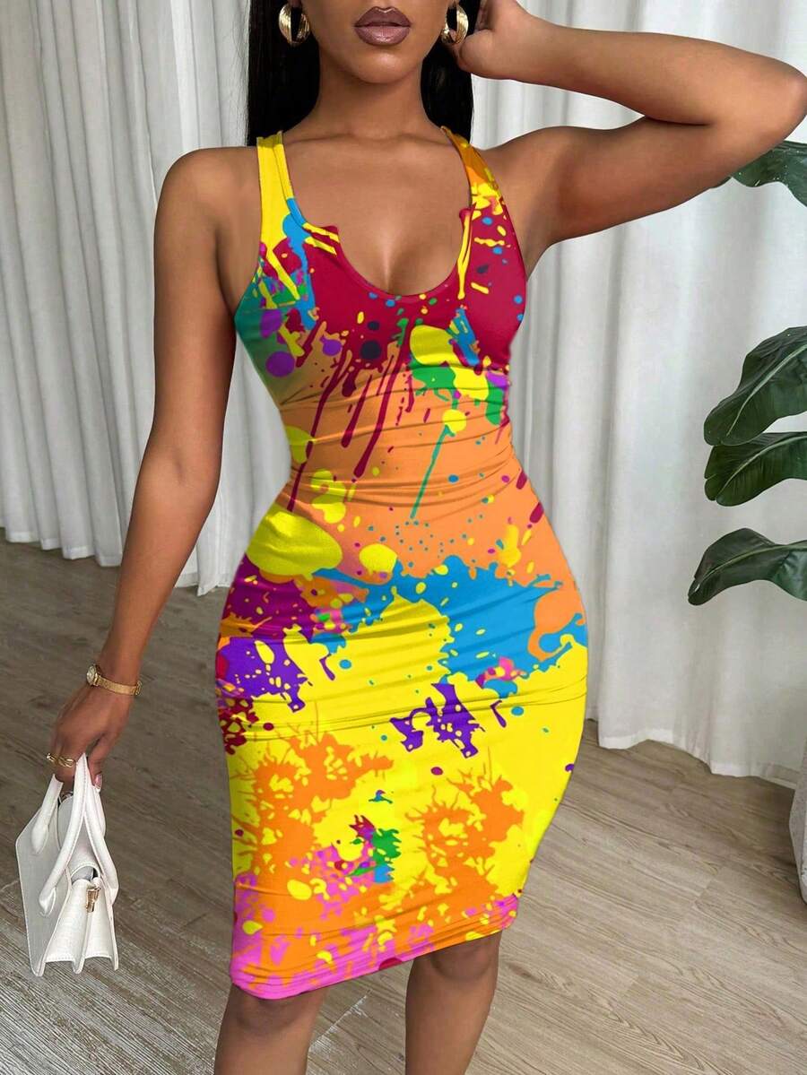 Eryvara Đầm hai dây ôm sát in họa tiết nhuộm tie-dye thời trang dành cho nữ, thích hợp cho mùa hè. - Nhiều màu - Xem 1