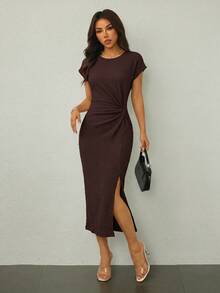 SHEIN Tall Marrón oscuro,Verano,Elegante,Vestido midi sin mangas con abertura alta y cintura retorcida elegante para citas,Atuendo casual texturizado ajustado para mujer invitada a boda y oficina,Mujeres altas - Marrón - Ver 5