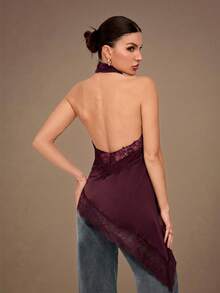 SHEIN Tall Top de camisola sin espalda con adorno de encaje elegante, blusa sin mangas de satén con parches sexy para fiestas, cócteles, ocasiones formales, Navidad, casual de negocios - Burdeos - Ver 2