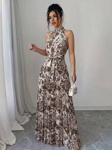 SHEIN Elenzya Ditsy Floral Ruffle Collar Pleated Waist A-Line Elegant Romantic Dress For Women, Suitable For Vacation - Multicolor - View 3