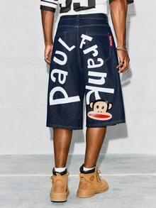 Paul Frank X SHEIN Quần đùi Bermuda denim dáng rộng in chữ dành cho nam - Rửa tối - Xem 7