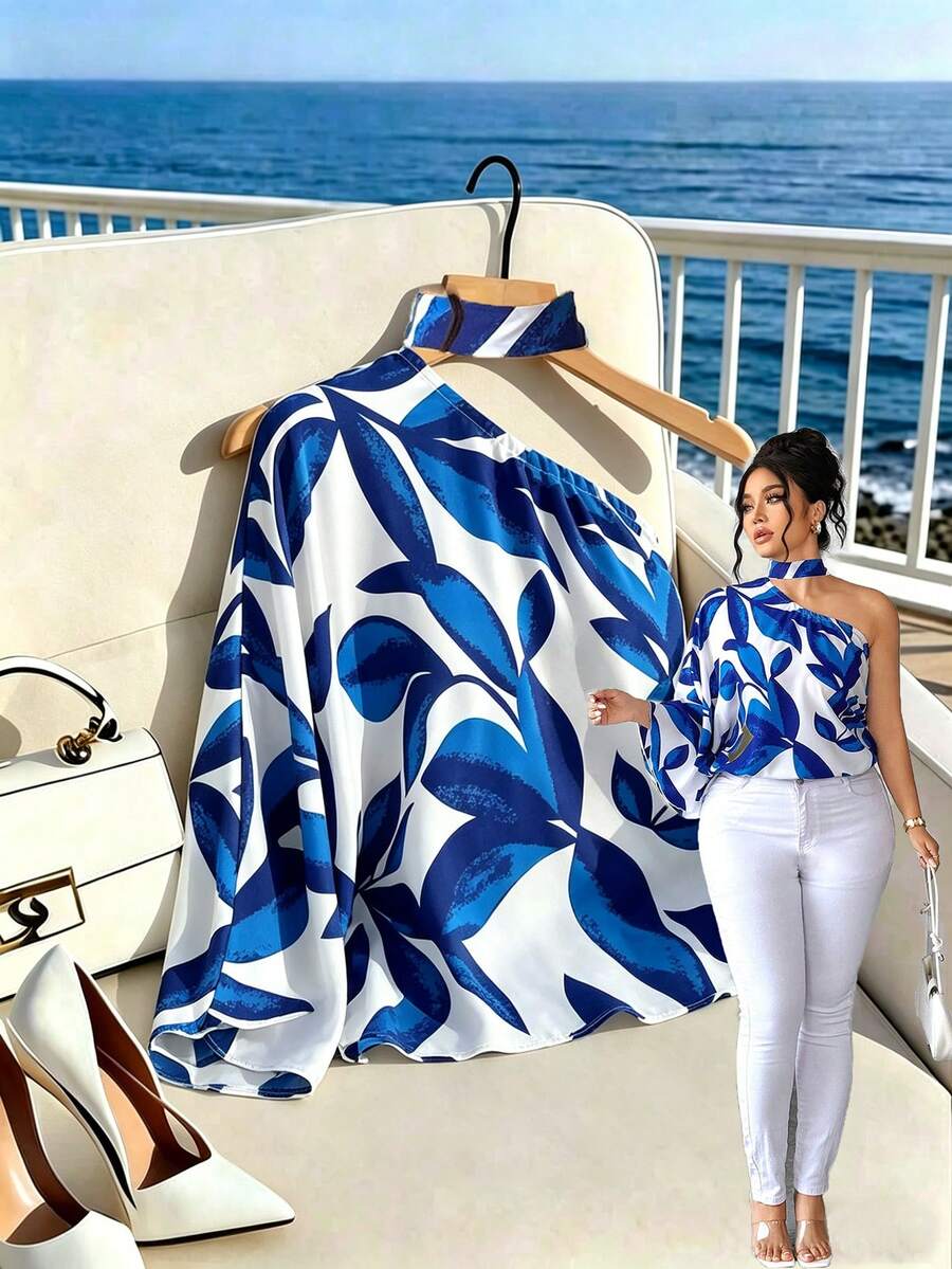 SHEIN Elenzya Áo kiểu thời trang thường ngày, thoải mái, phong cách Pháp cổ điển, thích hợp cho kỳ nghỉ xuân/hè, đi làm, cổ yếm, thắt nơ, in họa tiết hoa. - Màu xanh lam - Xem 1