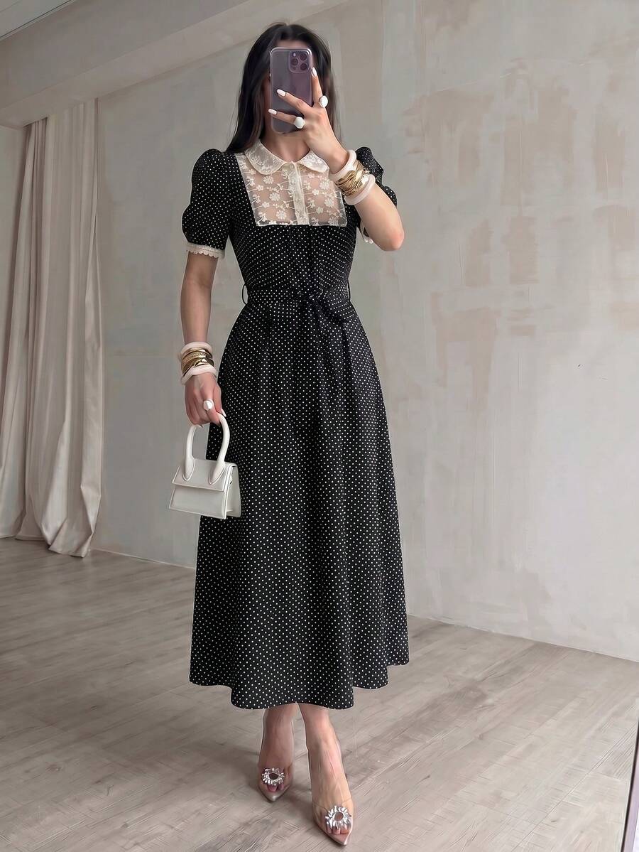 Mulvari Đầm midi nữ màu đen dệt chấm bi tay ngắn phối lưới hoa, dáng chữ A, thanh lịch và lãng mạn, thích hợp cho mùa xuân/hè. - màu đen - Xem 1
