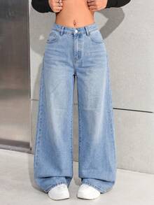 SHEIN Jeans anchos y sueltos de estilo casual y versátil para uso diario para adolescentes - Lavado ligero - Ver 1