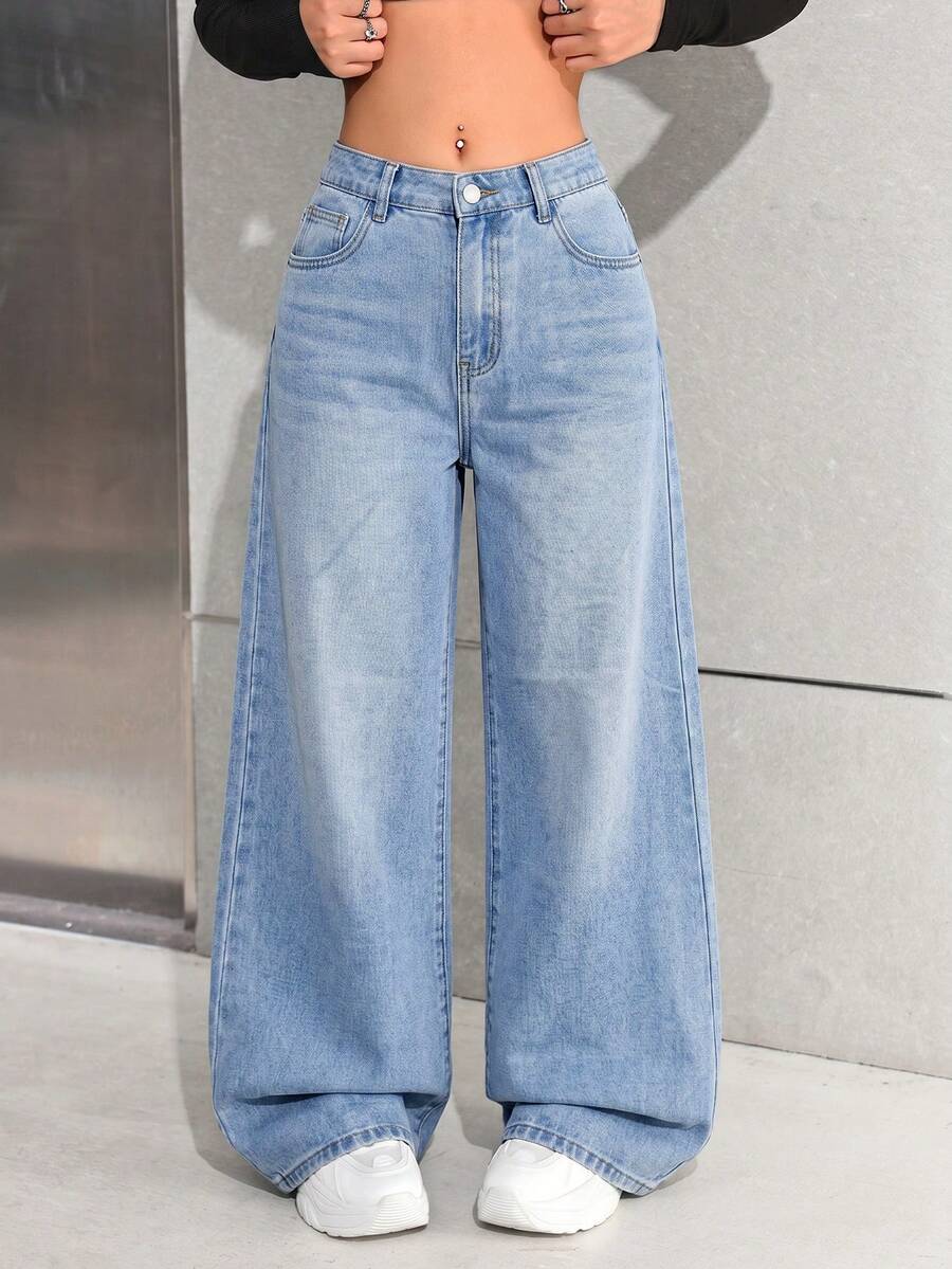 SHEIN Jeans anchos y sueltos de estilo casual y versátil para uso diario para adolescentes - Lavado ligero - Ver 1