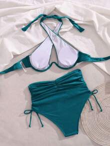 Swim Vcay 2026新款女士夏季沙滩纯色镂空挂脖系带性感比基尼泳装套装（带钢圈） - 綠色 - 查看 5