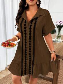 Weeklong Plus Size Women's Contrast Color Ruffle Trim Loose Shirt Dress, Bohemian Style Summer Beach Holiday Outfit - Brown - View 3