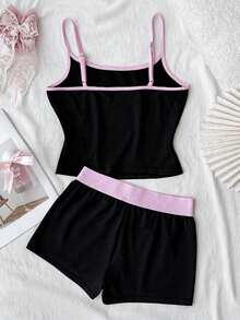 SHEIN Tween Girls Lace Trim Bowknot White Tank Top And Super Shorts Co-Ord Set, Pink And Black - Multicolor - View 2