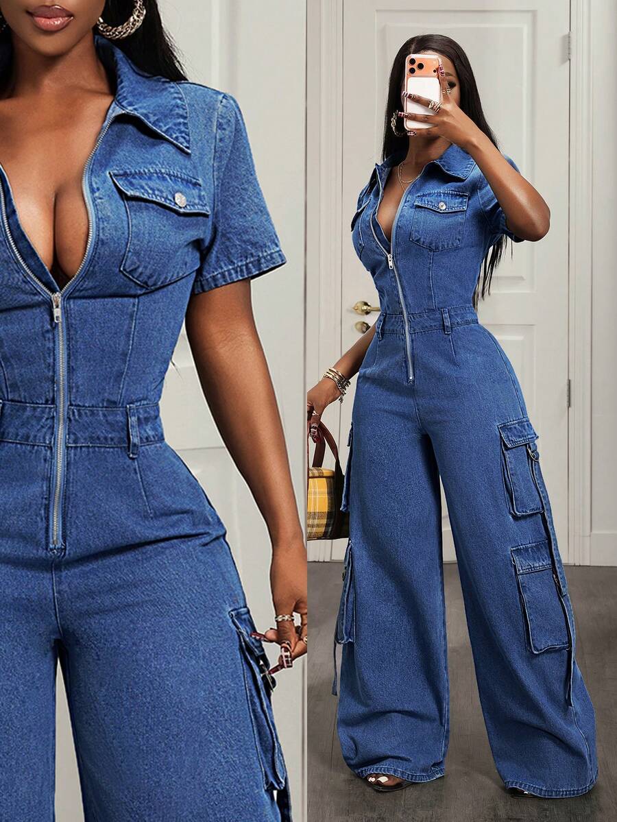 Slaydiva Women's Zipper Cargo Pocket Loose Casual Denim Jumpsuit - Dark Wash - View 1