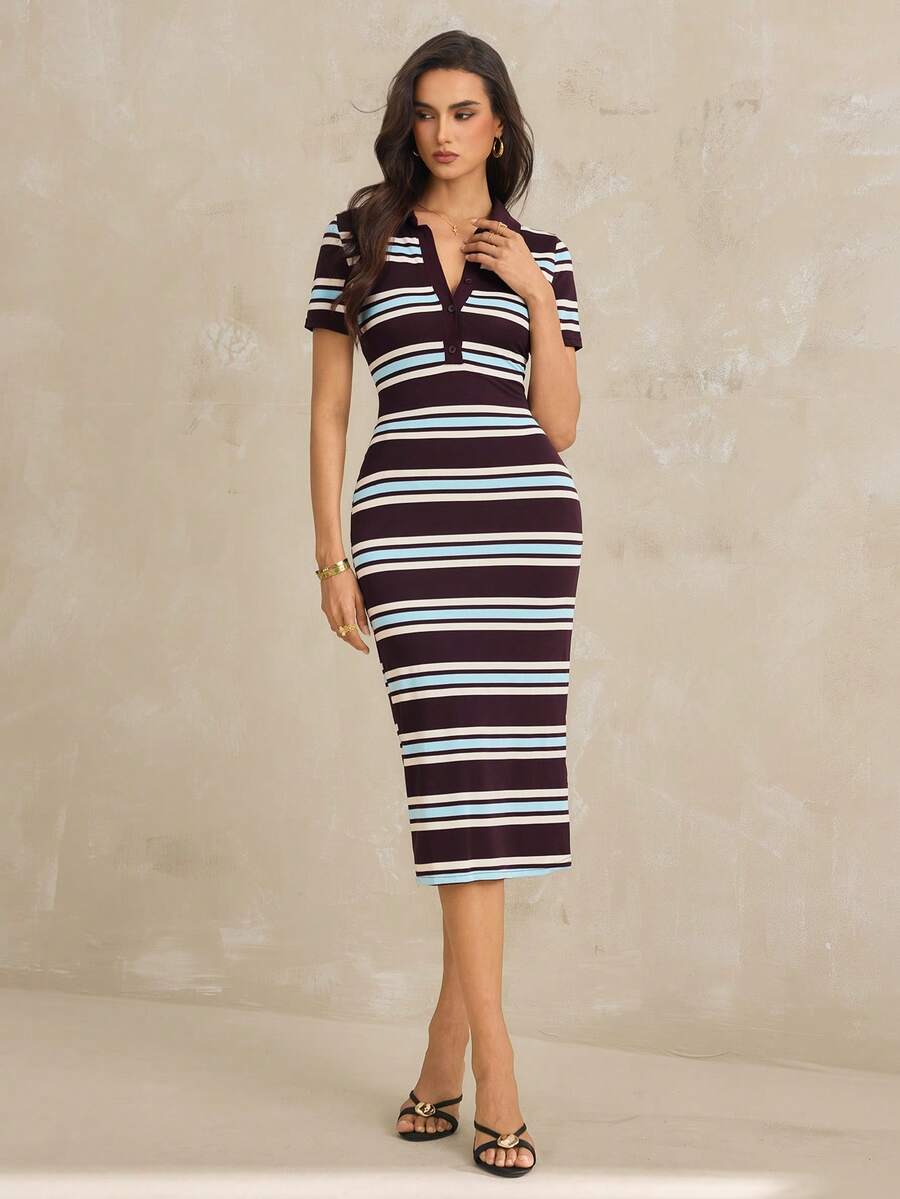 SHEIN Tall 夏季休闲时尚复古撞色条纹短袖Polo领修身连衣裙,咖啡棕色撞色条纹连衣裙,休闲连衣裙,中长款连衣裙,适合日常外出、都市生活、通勤、工作、办公室、商务、休闲聚会、度假穿着 - 棕色 - 查看 1