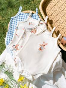 SHEIN Vintaside Kids 4件套新生女婴碎花、格子、兔子印花连体衣，舒适柔软面料，优雅乡村风格，适合春夏外出穿着 - 彩色 - 查看 7