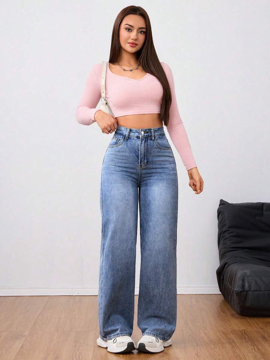 Jeanoix Women's Fashion Versatile Pocketed Zipper Loose Straight Leg Jeans - Dark Wash - View 1