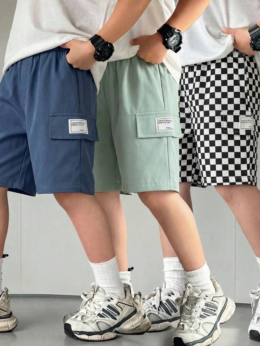 3件套儿童男童休闲日常舒适纯色织唛口袋宽松短裤，3种款式各一条，适合通勤、上学、休闲、度假、运动、春夏穿着。 - 彩色 - 查看 1