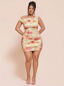 SHEIN BAE Plus Size Women's Pink Floral Print Asymmetrical Shoulder Ruched Mini Dress,Elegant Summer Curve Cocktail Bodycon Sleeveless One Shoulder Chic Party - Multicolor - View 7