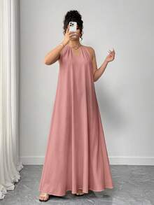 SHEIN Tall CURVE 永不过时的古怪优雅系列（忧郁气质）（周三美学）大码女式编织休闲露背宽松黑色连衣裙，适合高个子 - 珊瑚粉 - 查看 6