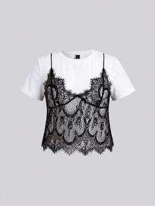 SHEIN Tall CURVE 大码女式圆领二合一蕾丝拼接休闲百搭日常T恤 - 黑與白 - 查看 5
