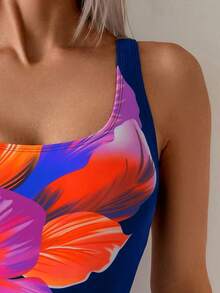 SHEIN Swim Áo tắm liền thân cổ cao thanh lịch dành cho nữ, họa tiết hoa lớn nhiều màu sắc, thích hợp cho mùa hè. - Nhiều màu - Xem 4