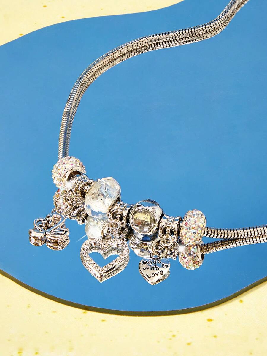 Popjeli 1 pieza Collar con dije de cisne en forma de corazón clásico, collar de corazón retro, collar de cisne con corazón de cristal - Plateado - Ver 1