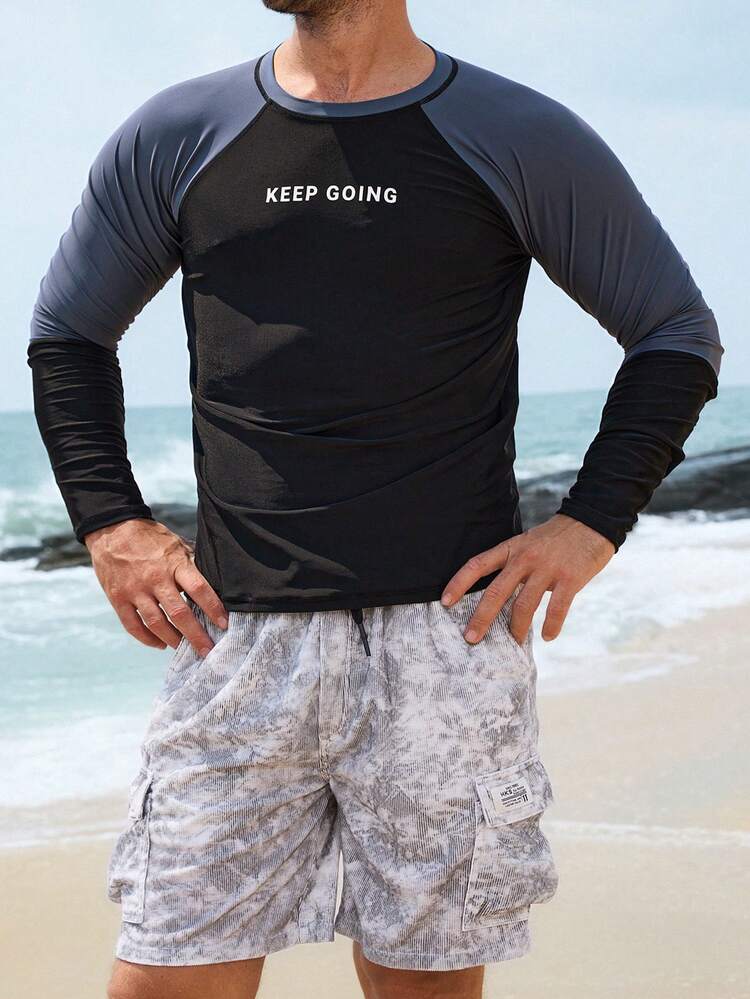 Vacation Style Long Sleeve Letter Print Slim Fit Men's Rash Guard