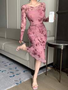 DAZY 女士优雅印花圆领收腰中长连衣裙 - 粉色 - 查看 4