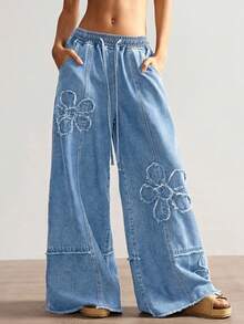 Bohemela Plus Size Women Casual Vacation & Commute Distressed Floral Print Drawstring Waist Loose Wide Leg Jeans - Light Wash - View 5