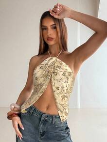 Aloruh Women's Spring/Summer Vacation Beaded Embroidered 3D Floral Slit Tassel Hem Halter Backless Camisole,Summer Top - Apricot - View 3