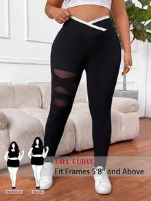 SHEIN PETITE CURVE 大码女式纯色基础款打底裤，撞色网纱透视打底裤，休闲、运动、春季、嘉年华穿着，黑色打底裤 - 黑色 - 查看 1