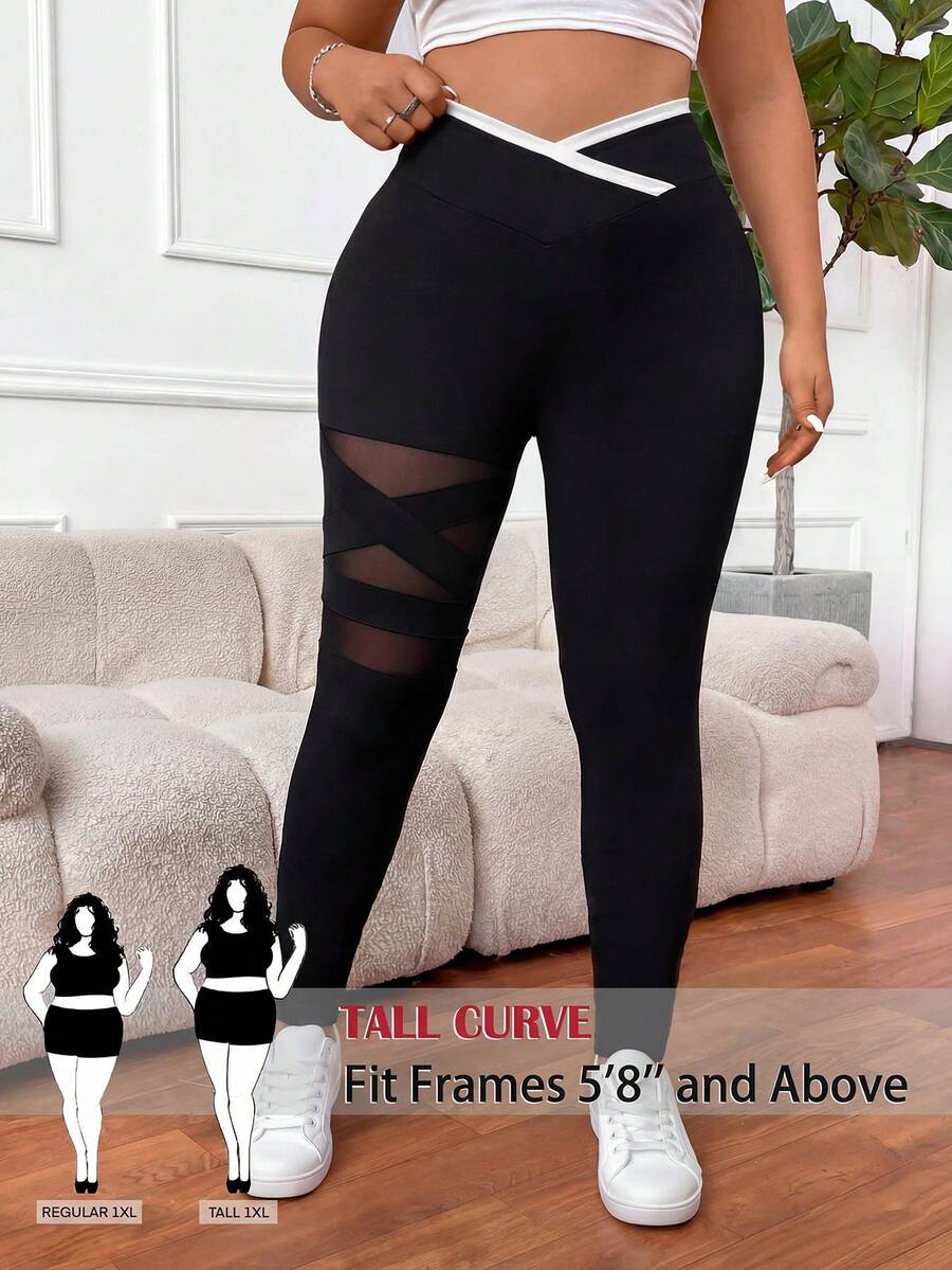 SHEIN PETITE CURVE 大码女式纯色基础款打底裤,撞色网纱透视打底裤,休闲、运动、春季、嘉年华穿着,黑色打底裤 - 黑色 - 查看 1