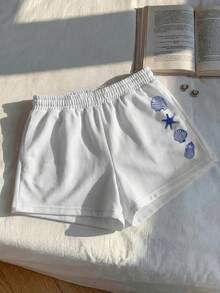 Comfortcana Quần short cạp trung dáng rộng, chất liệu 75% cotton, họa tiết sinh vật biển màu xanh dương với vỏ sò và sao biển, thích hợp cho mùa xuân/hè, đi nghỉ mát, ở nhà, đa năng. - Nhiều màu - Xem 3