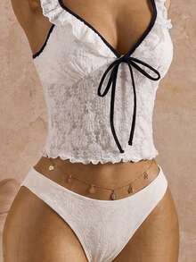 Swim Mod Nuevo conjunto de verano de dos piezas estilo europeo y americano, top corto con ribete de contraste y borde con volantes, Bottom triangular a juego con ribete de contraste, conjunto de bikini camiseta de soporte, adecuado para la playa, fiesta de piscina, cumpleaños - Blanco - Ver 5