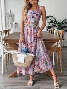 EMERY ROSE Women's Floral Print Waist-Cinched Dress With Bow Tie Back Design, Elegant For Vacation, Commute And Daily Wear - Purple - View 7