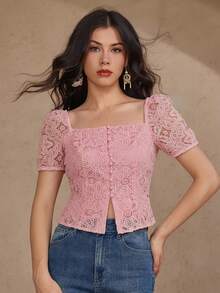 DAZY Women's Solid Color Square Collar Front Button Elegant Short Sleeve Blouse Cute Tops Summer - Pink - View 5