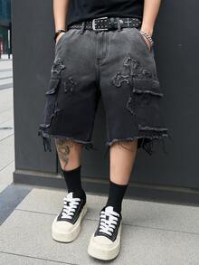 Manfinity EMRG Men's Casual Street Style Embroidered Multi-Pocket Distressed Hem Black Denim Shorts - Black - View 7