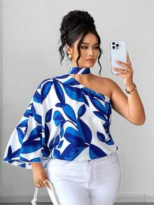 SHEIN Elenzya Áo kiểu thời trang thường ngày, thoải mái, phong cách Pháp cổ điển, thích hợp cho kỳ nghỉ xuân/hè, đi làm, cổ yếm, thắt nơ, in họa tiết hoa. - Màu xanh lam - Xem 6