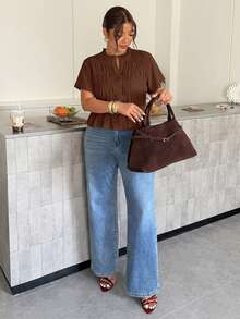 Firerie Plus Size Women's Solid Color Short Sleeve Pleated Single-Breasted Casual Shirt - Coffee Brown - View 6