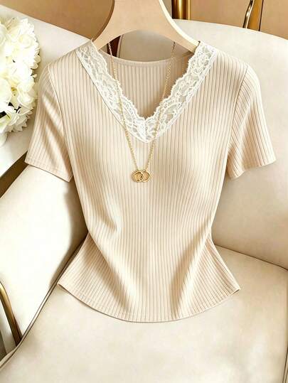 Elenzga V-Neck Lace Patchwork Ribbed Slim Fit Stylish Short Sleeve Blouse For Women