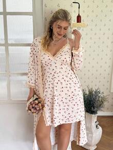 CottageSlumber Plus Size Women's Romantic Ditsy Floral Lace Patchwork Camisole & Robe 2-Piece Sleepwear Set - Apricot - View 1
