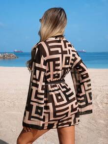 Swim Vcay Áo khoác kimono bằng chiffon in họa tiết vỏ sò lấy cảm hứng từ kỳ nghỉ biển phong cách Boho dành cho nữ. - màu nâu - Xem 2