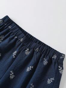 Lacomfia 女士圆领长袖宽松阔腿印花两件套，舒适百搭，大码 - 藍色 - 查看 7