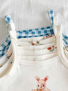 SHEIN Vintaside Kids 4件套新生女婴碎花、格子、兔子印花连体衣，舒适柔软面料，优雅乡村风格，适合春夏外出穿着 - 彩色 - 查看 9
