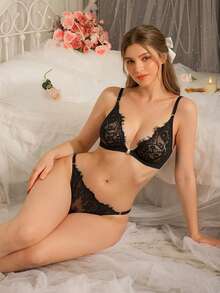 DelicateAllure Women's Sexy Lace Bra And Thong Set Lingerie, Baddie Look - Black - View 1