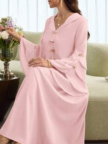 Al Najma Layered Floral Jacquard Hooded Cape With Ruffled Hem And Puff Sleeves, Elegant Robe - Pink - View 5