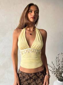 Aloruh Women's Deep V-Neck Fitted Pendant Decorated Camisole, Autumn/Winter,Summer Top - Light Yellow - View 5