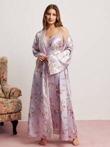 Elorette Set Piyama Satin Motif Bunga Romantis dengan Hiasan Renda dan Model Camisole - MultiWarna - View 4