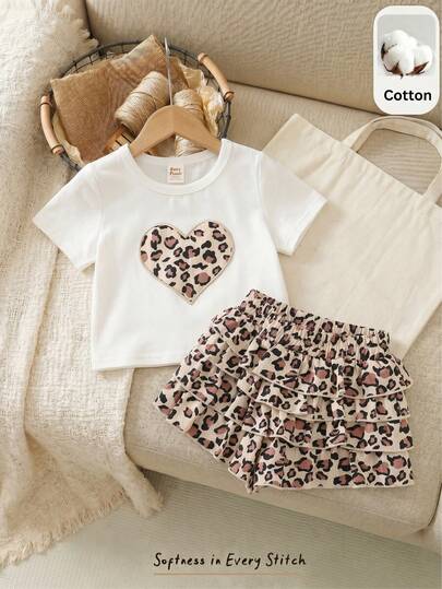 Cozy Pixies Baby Girl Leopard Heart Pattern Knit Soft Round Neck Short Sleeve T-Shirt And Elastic Waist Shorts 2-Piece Set